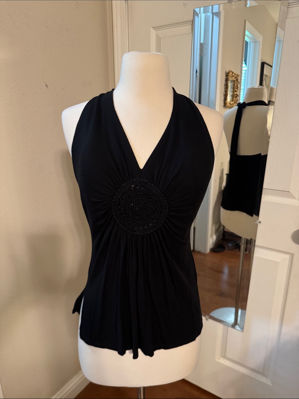 Cache Black Crochet-Embellished Halter Top